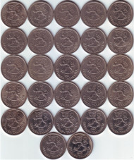 Погодовка монет Финляндии (27 шт.). Номинал 1 марка. 1969-1993 гг., Финляндия. Погодовка монет Финляндии (27 шт.). Номинал 1 марка. 1969-1993 гг., Финляндия.