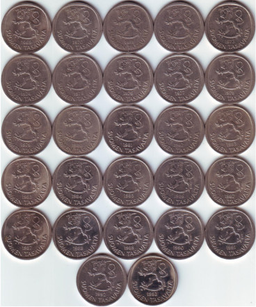 Погодовка монет Финляндии (27 шт.). Номинал 1 марка. 1969-1993 гг., Финляндия.