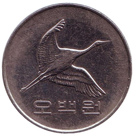 Монета 500 вон. 2006 год, Южная Корея. Маньчжурский журавль.