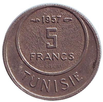Монета 5 франков. 1957 год, Тунис.