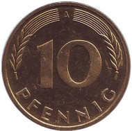 Монета 10 пфеннигов. 1990 год (A), ФРГ. Дубовые листья. Монета 10 пфеннигов. 1990 год (A), ФРГ. Дубовые листья.