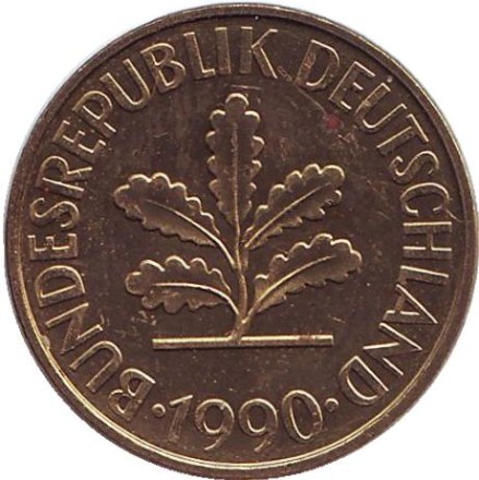 Монета 10 пфеннигов. 1990 год (A), ФРГ. Дубовые листья. Монета 10 пфеннигов. 1990 год (A), ФРГ. Дубовые листья.