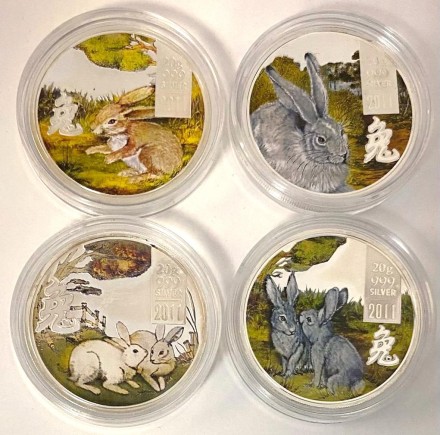 Год кролика. Китайский гороскоп. Набор монет номиналом 2 доллара (4 шт.) в подарочной упаковке. 2011 год, Острова Кука.