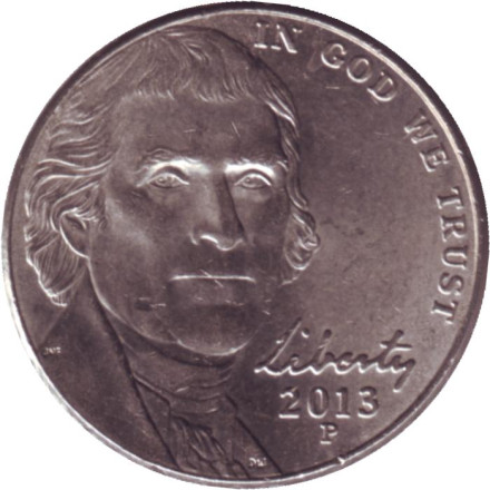 Монета 5 центов. 2013 год (P), США. Джефферсон. Монтичелло.