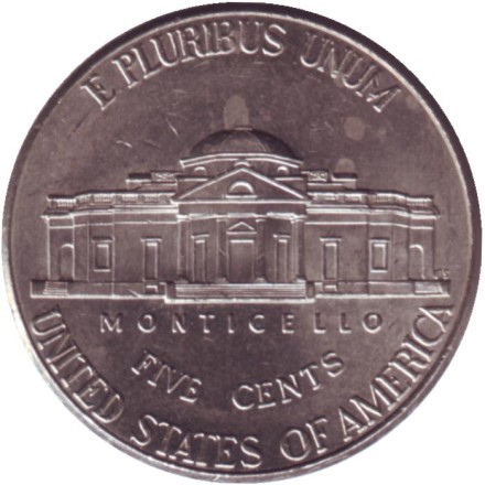 Монета 5 центов. 2013 год (P), США. Джефферсон. Монтичелло.