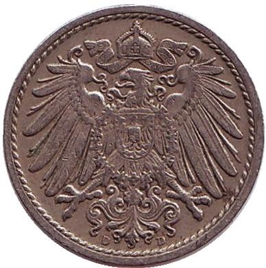 Монета 5 пфеннигов. 1914 год (D), Германская империя.