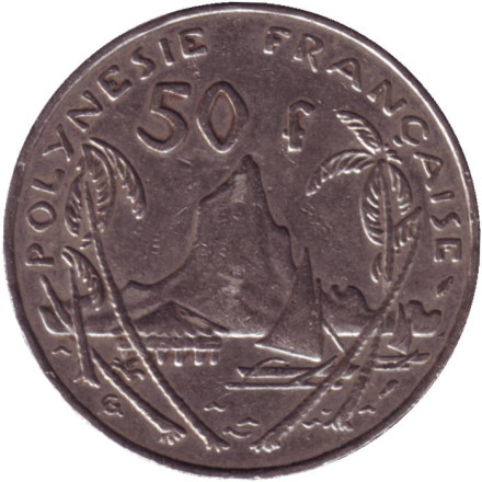 Монета 50 франков. 1975 год, Французская Полинезия. Скалистый остров Муреа.
