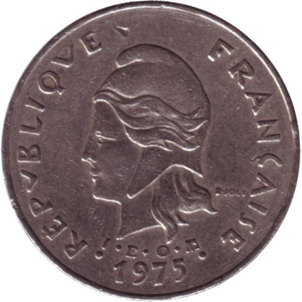 Монета 50 франков. 1975 год, Французская Полинезия. Скалистый остров Муреа.