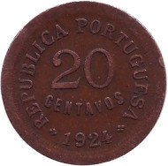 Монета 20 сентаво. 1924 год, Португалия.