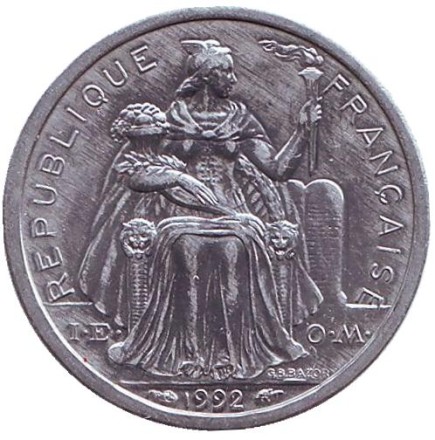 Монета 1 франк, 1992 год, Французская Полинезия. UNC. Монета 1 франк, 1992 год, Французская Полинезия. UNC.