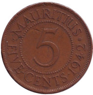 Монета 5 центов. 1942 год, Маврикий. Монета 5 центов. 1942 год, Маврикий.
