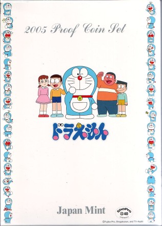 35 лет аниме Дораэмон. Набор монет Японии (6 шт.) в банковской упаковке. 2005 год. Proof.
