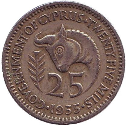 Монета 25 миллей. 1955 год, Кипр. Бык.
