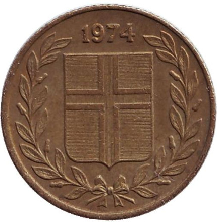 Монета 50 аураров. 1974 год, Исландия. Монета 50 аураров. 1974 год, Исландия.