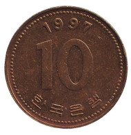 Монета 10 вон. 1997 год, Южная Корея. Монета 10 вон. 1997 год, Южная Корея.