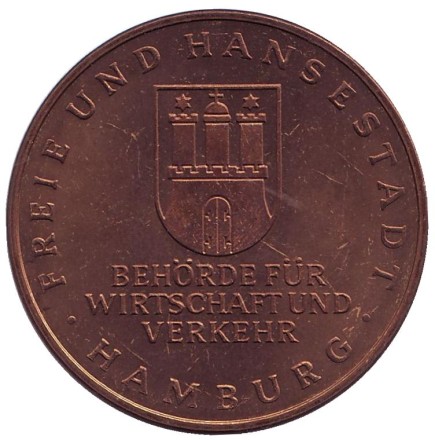 Открытие моста Кёлбранд в Гамбурге. Памятный жетон. 1974 год, Германия.