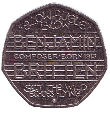 Монета 50 пенсов, 2013 год, Великобритания. 100-летие со дня рождения Бенджамина Бриттена.
