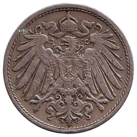 Монета 10 пфеннигов. 1906 год (D), Германская империя.