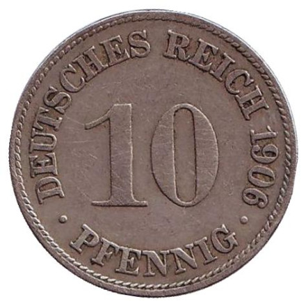Монета 10 пфеннигов. 1906 год (D), Германская империя.