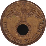 Монета 10 рейхспфеннигов. 1939 год, Германия (Третий Рейх). (A). Монета 10 рейхспфеннигов. 1939 год, Германия (Третий Рейх). (A).