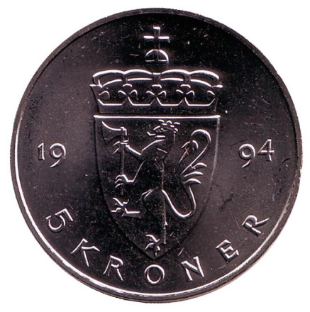 Монета 5 крон. 1994 год, Норвегия. UNC.