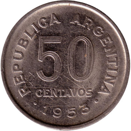Монета 50 сентаво. 1953 год, Аргентина. Генерал Хосе де Сан-Мартин.