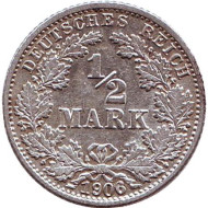 Монета 1/2 марки. 1906 год (G), Германская империя. Монета 1/2 марки. 1906 год (G), Германская империя.