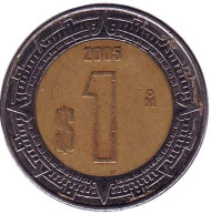 Монета 1 песо. 2005 год, Мексика. Монета 1 песо. 2005 год, Мексика.