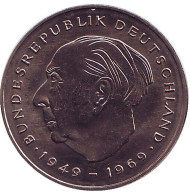 Монета 2 марки. 1982 год (G), ФРГ. Теодор Хойс. Монета 2 марки. 1982 год (G), ФРГ. Теодор Хойс.
