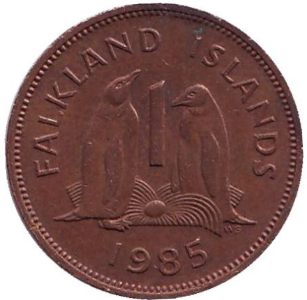 Монета 1 пенни. 1985 год, Фолклендские острова. Субантарктические пингвины.