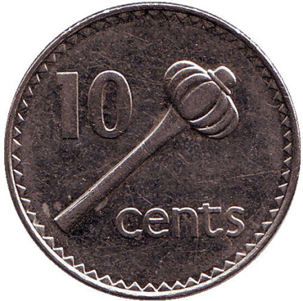 Монета 10 центов. 1999 год, Фиджи. Метательная дубинка - ула тава тава.