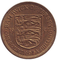 Монета 1/4 шиллинга. 1957 год, Джерси. Монета 1/4 шиллинга. 1957 год, Джерси.