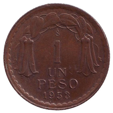 Монета 1 песо. 1953 год, Чили. Бернардо О’Хиггинс.