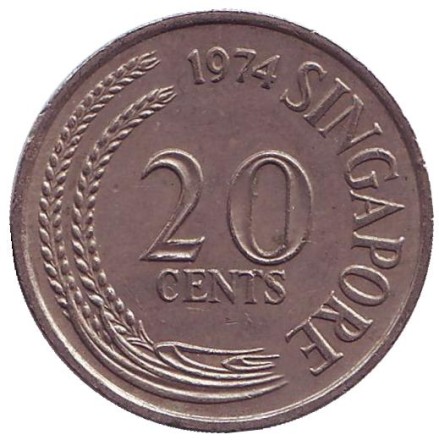 Монета 20 центов. 1974 год. Сингапур. Рыба-меч.