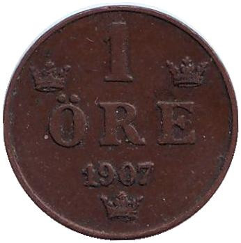 Монета 1 эре. 1907 год, Швеция.