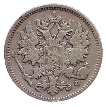 Монета 25 пенни. 1897 год, Финляндия в составе Российской Империи. Монета 25 пенни. 1897 год, Финляндия в составе Российской Империи.