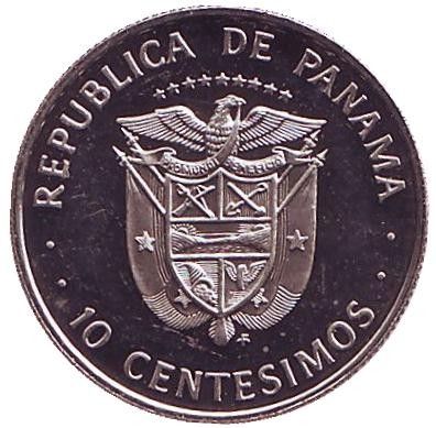 Монета 10 сентесимо. 1975 год, Панама. Мануэль Амадор. Монета 10 сентесимо. 1975 год, Панама. Мануэль Амадор.