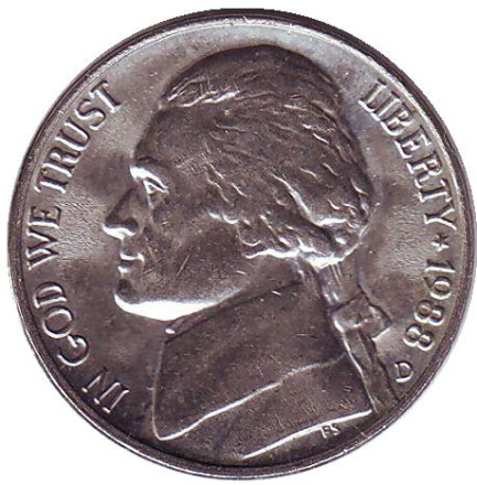 Монета 5 центов. 1988 год (D), США. Джефферсон. Монтичелло.