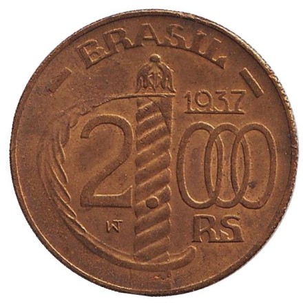 Монета 2000 рейсов. 1937 год, Бразилия. Герцог Кашиас. Рубчатый гурт.