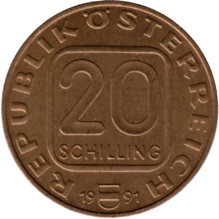 Монета 20 шиллингов. 1991 год, Австрия. 200 лет со дня рождения Франца Грильпарцера.