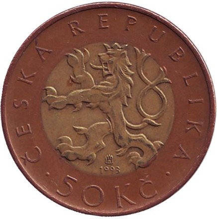 Монета 50 крон. 1993 год, Чехия. Прага. Монета 50 крон. 1993 год, Чехия. Прага.