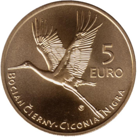 Монета 5 евро. 2023 год, Словакия. Черный аист.