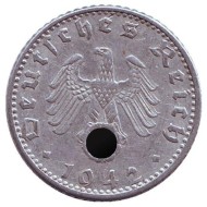 Монета 50 рейхспфеннигов. 1942 год, Германия (Третий Рейх). (D). Монета 50 рейхспфеннигов. 1942 год, Германия (Третий Рейх). (D).