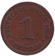 Монета 1 пфенниг. 1890 год (A), Германская империя. Монета 1 пфенниг. 1890 год (A), Германская империя.