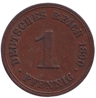 Монета 1 пфенниг. 1890 год (A), Германская империя.