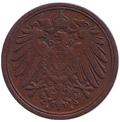 Монета 1 пфенниг. 1890 год (A), Германская империя.