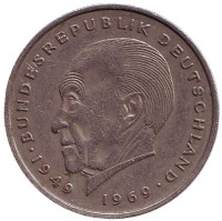 Конрад Аденауэр. Монета 2 марки. 1970 год (F), ФРГ. Из обращения.