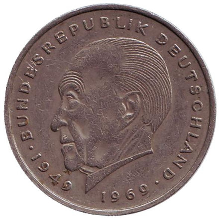 Монета 2 марки. 1970 год (F), ФРГ. Из обращения. Конрад Аденауэр.