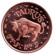 Телец. "Знаки зодиака." Монетовидный жетон. Унция меди 999. США.  Телец. "Знаки зодиака." Монетовидный жетон. Унция меди 999. США.