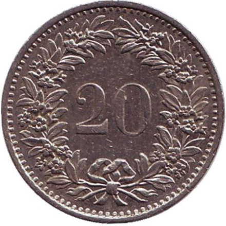 Монета 20 раппенов. 1976 год, Швейцария.